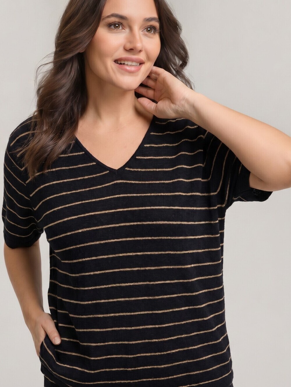 Linda Allard Ellen Tracy Womens Black Striped Wool Blend Top. Sz 1X/XL Office